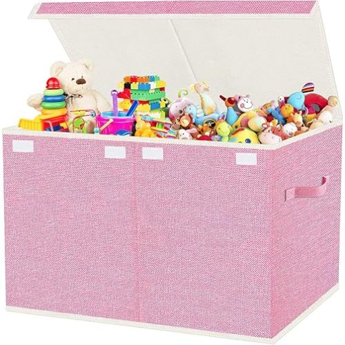 VERONLY Large Toy Box Chest Storage with Lid - Collapsible Kids Toys Boxes Organizer Bins Baskets Container with Handles for Boys, Girls, Nursery, Playroom, Clothes, Blanket, Bedroom(Pink)