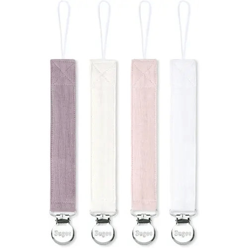 Pacifier Clip for Baby Boy and Girl - Linen Soft Fabric Pacifier Hold with Clip for Binky, Leash Soothie Holder Unisex 4 Pack (Pink）