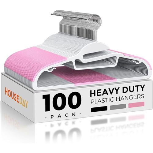 HOUSE DAY Heavy Duty Plastic Hangers 100 Pack, Pink Slim Clothes Hangers Space Saving, Non Slip Hangers with Rubber Pads, Durable Coat Hanger for Closet, S-Shaped Hanger for Shirt, Suit, Pant, Skirt