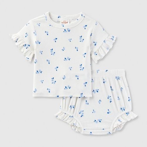 Baby Girls' Ribbed Top & Bottom Set - Cat & Jack™ Cream/blue Newborn