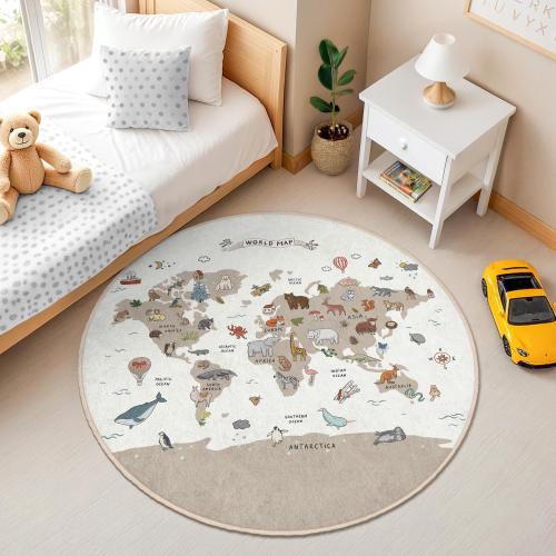 Round World Map Rug with Animals for Kids Room - Educational Playmat for Toddlers - Learning Nursery Rug - Playroom Floor Decor Mat