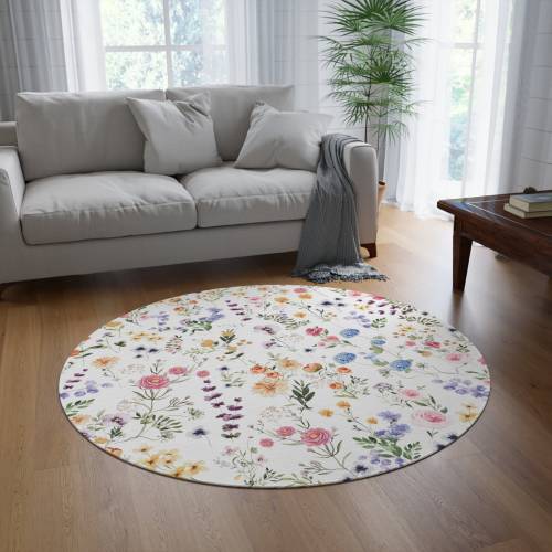 Spring Floral Round Rug Colorful Wildflower Meadow Decorative Rug Boho Home Decor Gift for Her Bohemian Chic Design FLO2