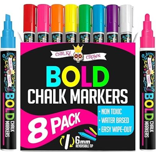 Bold Chalk Markers - Dry Erase Marker Pens - Liquid Chalk Markers for Chalkboards, Signs, Windows, Blackboard, Glass, Mirrors - Chalkboard Marker with Reversible Tip (8 Pack) - (Multicolored, 6mm)