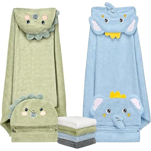 6 PCS Baby Bath Towels Set for Infants Toddlers, 2 PCS Thick Animal Hooded Baby Towels Large Size & 4 PCS Washcloths, Ultra Absorbent Soft Newborn Gift for Boys Girls, 27.5" x 55", Dinosaur & Elephant