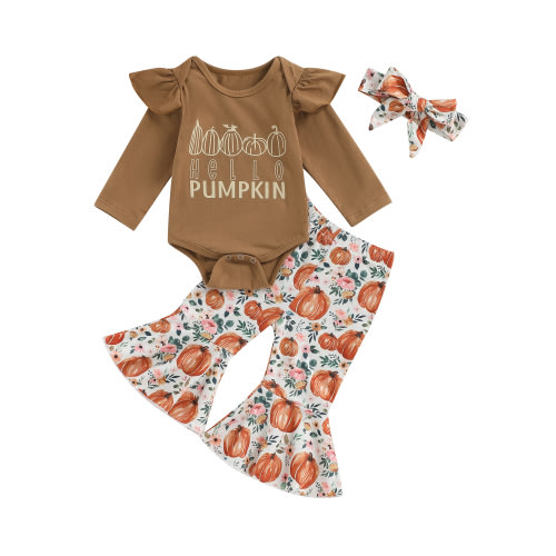 Newborn Baby Girl Halloween Outfits Long Sleeve Romper Tops Pumpkin Bell-Bottom Flare Pants Headband Infant Fall 3Pcs Clothes Set