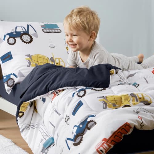 PHF 4 Piece Toddler Bedding Set, Ultra Soft Toddler Comforter Sets Include Comforter, Fitted Sheet, Flat Top Sheet and Pillowcase for Boys, Bed in A Bag for Toddler Bedroom, Truck and Digger