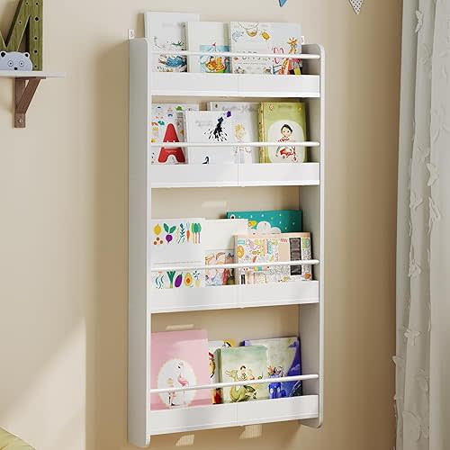 Kids Bookshelf, 4-Tier Wall Mount Bookshelf for Kids, Wooden Nursery Bookshelves, Hanging Book Shelf for Kids Room, Playroom, Bedroom, Living Room, White BKBW7601