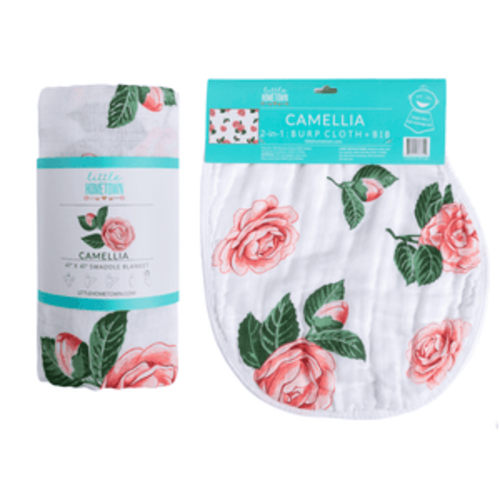 GiftSet: Camellia Baby Muslin Swaddle Blanket and Burp Cloth/Bib Combo - Little Hometown