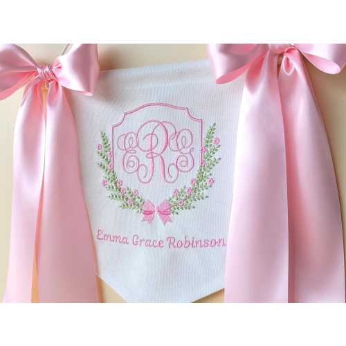 Custom Baby Banner Embroidered Monogram Wall Art, Hospital Birth Announcement Name Sign Banner, Bow Floral Wall Hanging Baby Shower Gift