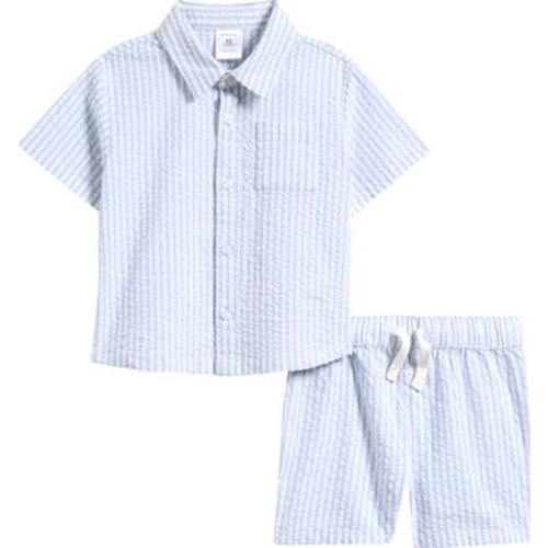 Seersucker Short Sleeve Button-Up Shirt & Drawstring Shorts Set