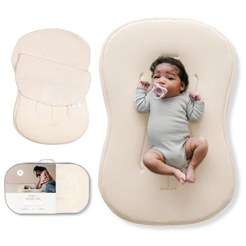 snuggle me® Baby Lounger Curve - Premium Organic Cotton with Foam Core, Machine-Washable Cover, Buttery-Soft & Breathable CSPC Compliant Infant Lounger Baby Nest Pillow with Travel Bag - Natural