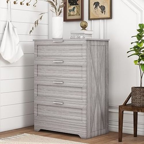 Farmhouse 4 Drawer Dresser for Bedroom, Tall Bedroom Dresser with Large Drawer & Silver Handles, Wooden Storage Organizer Cabinet Chest of Drawer for Closet, Living Room, Hallway, Wash Grey