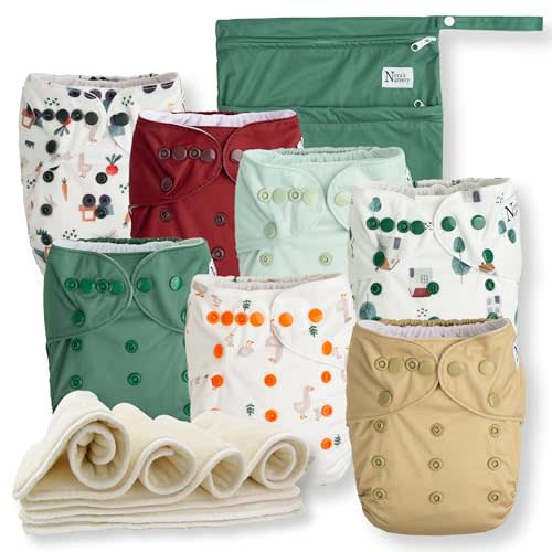 Nora's Nursery Cloth Diapers 7 Pack with 7 Inserts & 1 Wet Bag - Waterproof Cover, Washable, Reusable & One Size Adjustable Pocket Diapers for Newborns and Toddlers - On The Farm