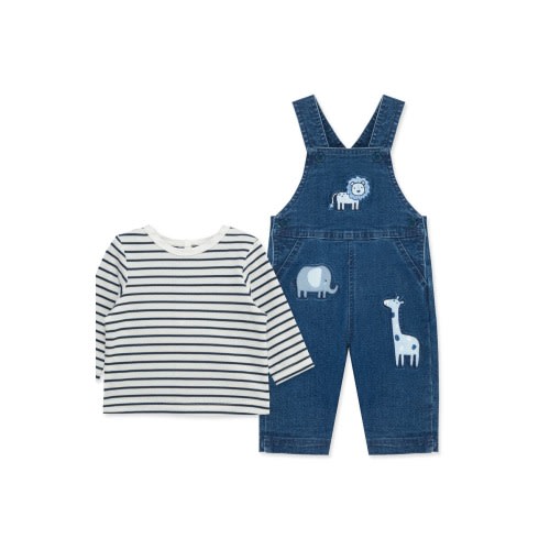 Safari Embroidered Overalls & Stripe Shirt Set, 6M