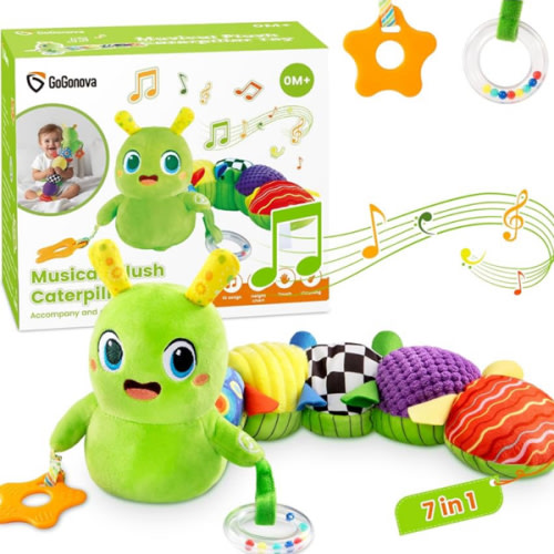 gogonova Baby Musical Caterpillar Toy 0-12 Months, Washable Teething Rattle with 10 Children's Songs, Infant Tummy Time Sensory Toy for Newborn Boys Girls (Green)