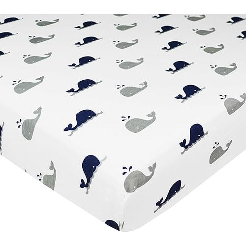 American Baby Company 100% Natural Cotton Fitted Pack and Play Sheet 39" x 27" - Soft & Breathable Pack N Play Sheet for Playpen, Playard & Mini Crib Mattress, Navy Whale, for Boys & Girls