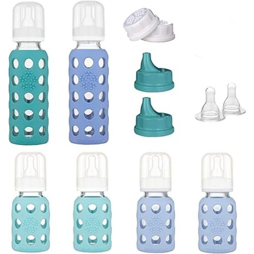 Lifefactory 6 Bottle Starter Set (4) 4-Ounce Baby Bottle in Mint/Blanket (2) 9-Ounce Baby Bottle in Kale/Blueberry (2) Flat Caps (2) Sippy Caps (2) Stage 2 Nipples, Mint/Blanket/Kale/Blueberry/White