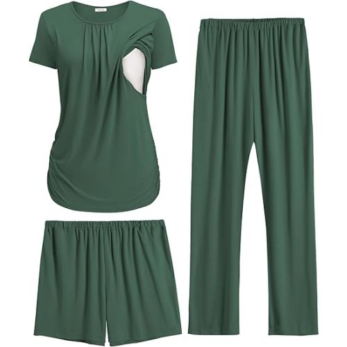 Ekouaer Maternity Nursing Pajamas Set 3 Piece Postpartum Lounge Breastfeeding Pjs Pregnancy Shorts & Pants S-XXL