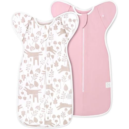 2-Pack Baby Transitional Swaddle Sleep Sack - Arms Up Swaddle 3-6 Months for Babies, Newborn Swaddle Sack with Cuff Removable Design, Pink Bunny Swaddle with 2-Way Zipper