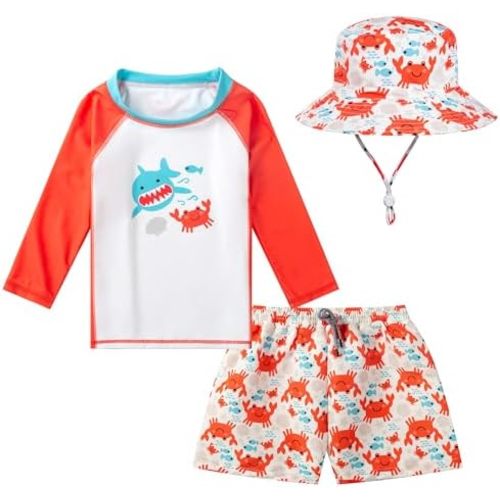 Toddlers and Baby Boys' 3-Piece Swimsuit Trunk Rashguard Set and Sun Hat Swimwear Bathing Suit Sunsuit Swim Shirt UPF 50+