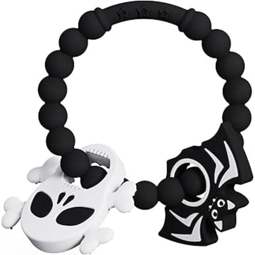 Halloween Baby Teething Ring Toys – Skull & Bat Silicone Teethers for Newborns, Infants & Toddlers – Sensory Chew Bracelet for Teething Relief – Perfect Baby’s First Halloween Basket Stuffers