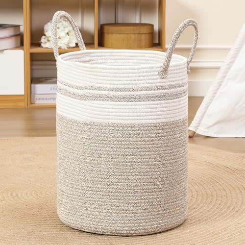 80L Large Woven Laundry Basket Hamper, 100% Natural Cotton Rope, Handwoven & Durable, Storage for Blankets, Toys, Clothes, Nursery Hamper for Living Room, Baby Room, Bedroom (Brown with White)