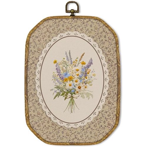 GUULIJEEMIY Vintage Rustic Wildflower Nursery Canvas Wall Art Decor, Farmhouse Cottagecore Floral Octagon Framed Wall Art Prints, Retro Country Flower Hanging Decor for Living Room Bathroom, 10.2x7In