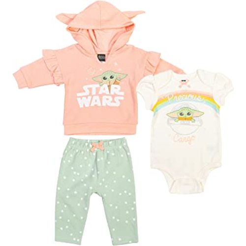 STAR WARS The Mandalorian The Child Baby Girls 3 Piece Outfit Set: Pullover Hoodie Cuddly Bodysuit Pants