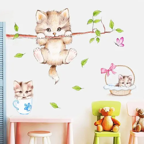 Kiddale Cute Cat Wall Decals,Removable Cat Tree Branches Butterfly Wall Stickers for Kids Rooms Nursery Playroom Home Decoration
