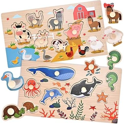 Wooden Peg Puzzles for Toddlers 1 2 3 Years Old, 2 Pack Montessori Educational Learning Puzzles Set, Toddler Puzzles Toy with Animal and Sea Themes, Great Preschool Present for Girls and Boys