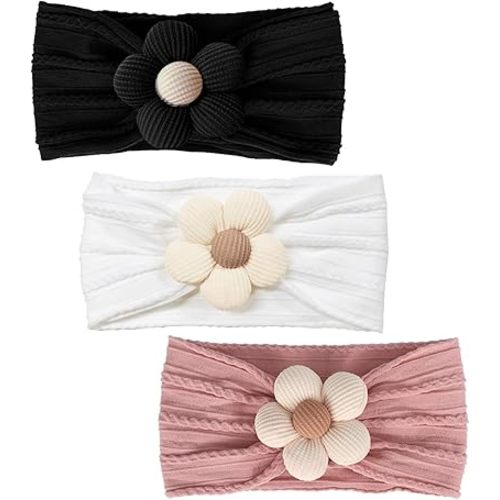 3 Pcs Baby Flower Headbands Baby Girls Nylon Headband Soft Hairbands Hair Accessories for Newborn Infant Toddler Kids (White Black Pink)