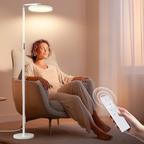 Yikola Light Therapy Lamp 12000 Lux- UV-Free Full Spectum LED Floor Lamp with 10 Brightess Levels, 5 Color Modes, 2 Setup Options,Adijustable Height, Remote & Timer for SAD,Reading. Bedroom, Offce