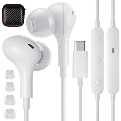 APETOO USB C Headphones for iPhone 17 16 15 iPad Air 5 Wired Earbuds for Samsung S26/S25/S24/S23/S22/S21 Magnetic Noise Isolating in-Ear Type C Earphones with Mic Volume Control for Pixel 8 7 6, White