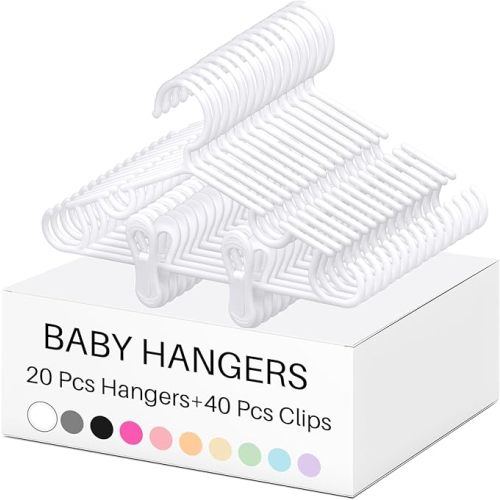 Hsei 5/10/40 Pack Baby Hangers with 10/20/80 Clips Plastic Kids Pants Hanger for Newborn Nursery/Daycare/Preschool Closet/Wardrobe Organizer Baby Shower Party(60 Packs Total,White,10.6 Inch)