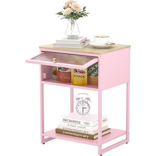 Pink Nightstand,End Tables with Storage Drawer,Bedside Table with Open Storage Shelf,Metal Side Table,Durable Wood Top Side Table for Bedroom,Living Room,Dorm,Guest Bedroom,Pink