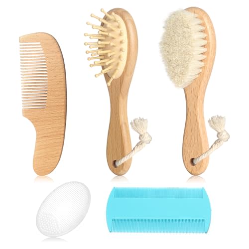 Esonto Baby Hair Care Kit, 5 in 1 Wooden Natural Goat Bristles Brush Cradle Cap Comb Baby Grooming Kit for Newborns Toddlers Boys Girls Gift