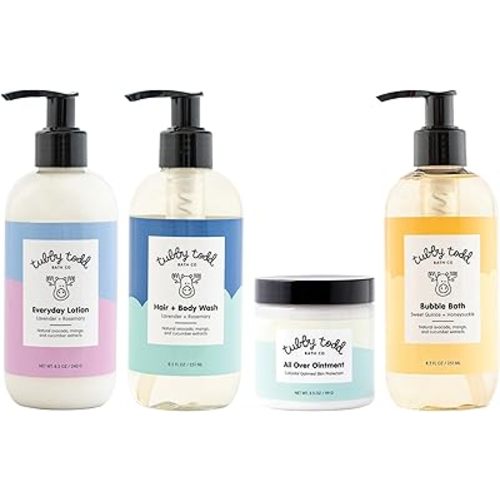 Tubby Todd Sensitive Skincare Baby Bath Kit - Baby Shampoo and Body Wash, Lotion, All Over Ointment & Bubble Bath - The Essentials Baby Bath Gift Set - Standard Size Lavender Rosemary