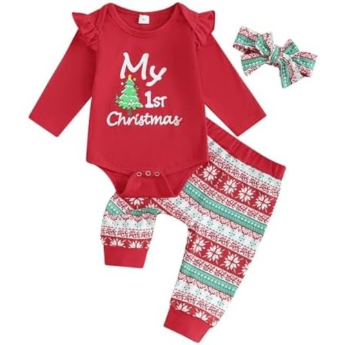 FYBITBO My First Christmas Baby Girl Boy Outfit Long Sleeve Romper Onesie Top+Pants+Headband Fall Winter Clothes