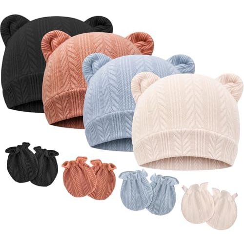 BQUBO Newborn Baby Hats Bear Ears and Mittens Sets Preemie Caps Baby Boy Girl Infant Hospital Beanie for 0-3 Months