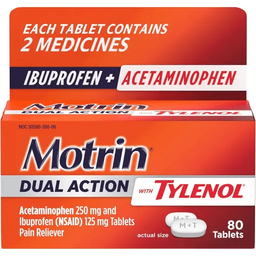 Motrin Dual Action with Tylenol, Dual Action Pain Reliever with Ibuprofen & Acetaminophen, Two Medicines for Minor Aches & Pains, Ibuprofen (NSAID) 125 mg & Acetaminophen 250 mg, 80 ct