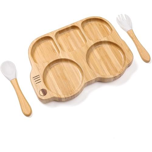 Mamimami Home Bamboo Baby Plate - Silicone Suction - Toddler Food Plate with Fork and Spoon - Baby Led Weaning Plate Feeding Utensils Set, BPA Free (Car White)