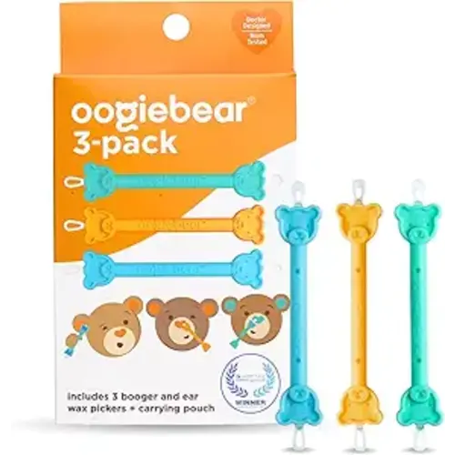 oogiebear: Baby Nose Cleaner & Ear Wax Removal Tool - Safe Booger & Earwax Removal for Newborns, Infants, Toddlers - Dual-Ended - Essential Baby Stuff, Diaper Bag Must-Have - 3 Pack - 3 Pack - Blue, Orange & Seafoam