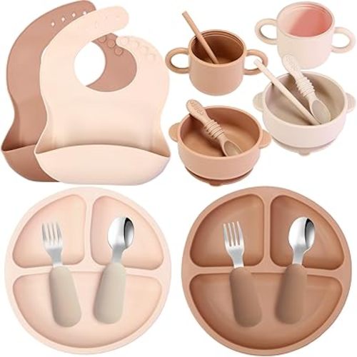 16 Pcs Baby Led Weaning Supplies Silicone Baby Feeding Set Baby Plates with Suction Baby Utensils with Divided Adjustable Bib Bowl Cutlery Snack Cup Spoons Straw 6 Months+ (Walnut, Beige)