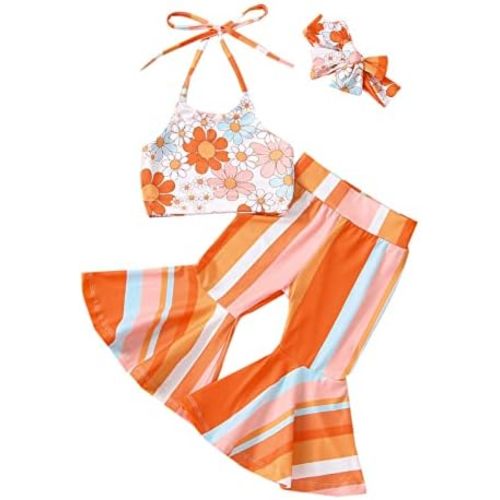 Kupretty Baby Girl Summer Clothes Toddler Bell Bottoms Outfits Flower Halter Crop Top Floral Flare Pants Clothing Set