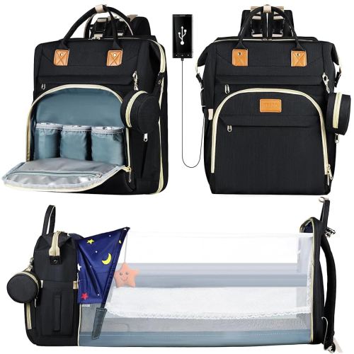 Diaper Bag Backpack for Mom and Dad, Large Capacity Baby Travel Bag with USB Charging Port, Waterproof Foldable Baby Bag for Boys and Girls, Stylish Maternity Backpack for Travel & Hospital,Black