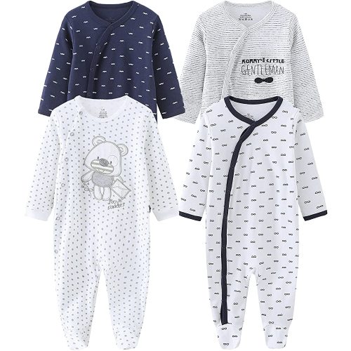 MAMIMAKA Baby Boys Girls Footies One-Piece Romper Long-Sleeve Jumsuit Cotton Newborn Clothes Set 4-Pack, 0-12 Months