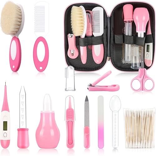 Baby Grooming Kit,Infant Safety Care Setwith Hair Brush Comb Nail Clipper Nasal Aspirator, Baby Essentials Kit for Newborn Girls Boys (14 PC-Pink Kit)