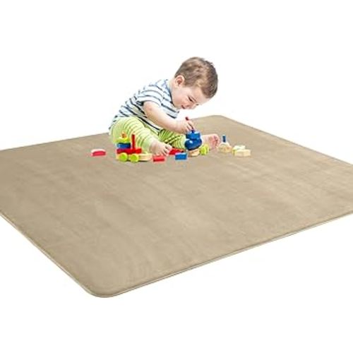 Thick Memory Foam 71x59 Play Mat for Playpen, Super Soft Velvet Portable Baby Playpen Mat for Kids Toddler Crawling and Play, Non-Slip Bottom Playmat, Khaki