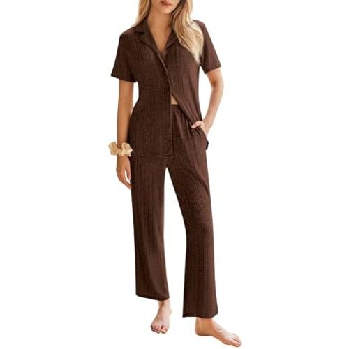 Ekouaer Womens Rib Knit Pajamas Button Up Lounge Sets Short Sleeve Top and Long Pants Matching Pjs Sleepwear Loungewear