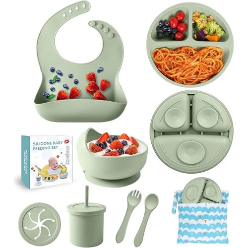 Silicone Baby Feeding Set w/ Travel Bag (Green)